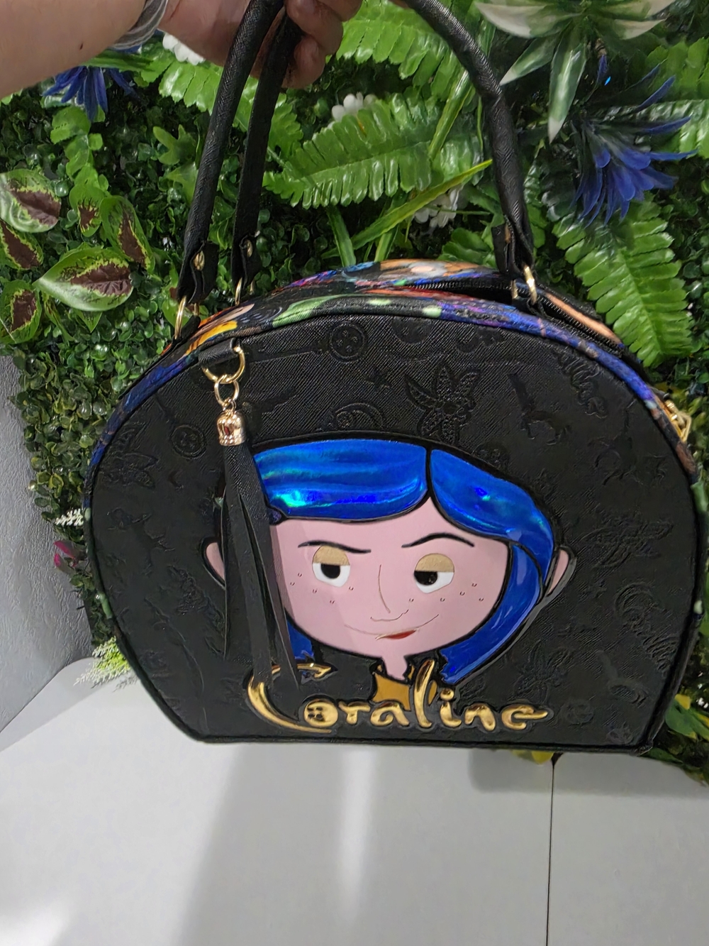 Black Round Top-Handle Bag with Blue Accent